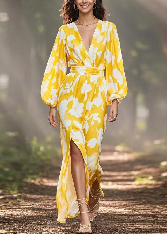 Yellow V Neck Print Side Open Chiffon Dress Spring