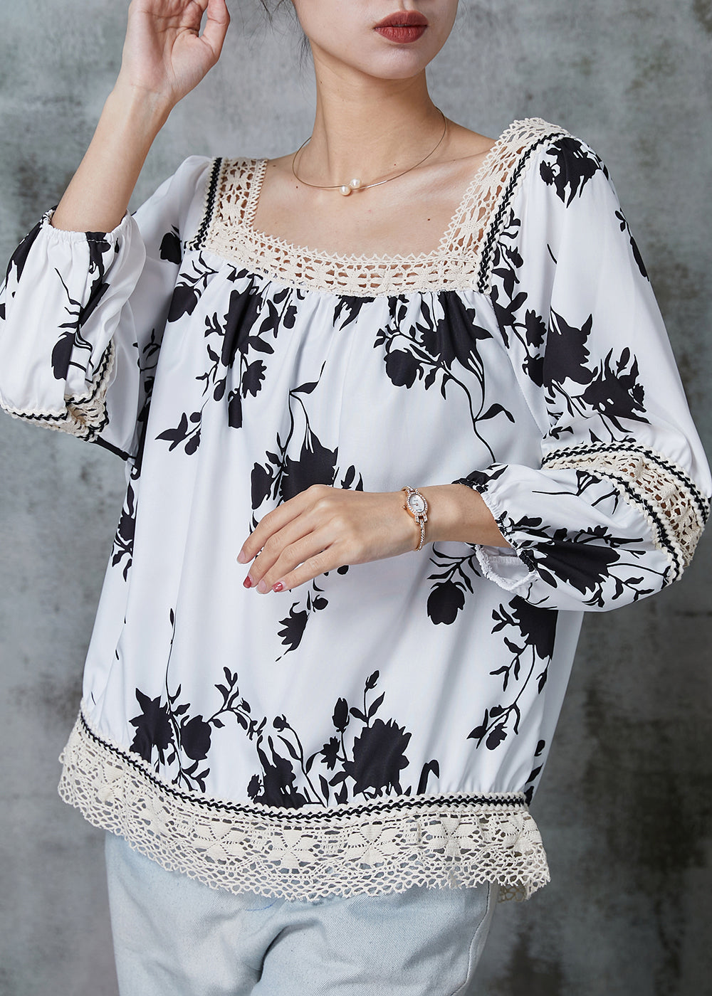 White Print Patchwork Lace Shirts Summer
