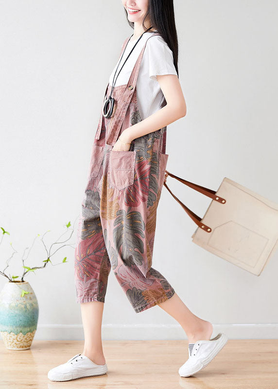 Brick Red Oversized Print Cotton Jumpsuit Spring