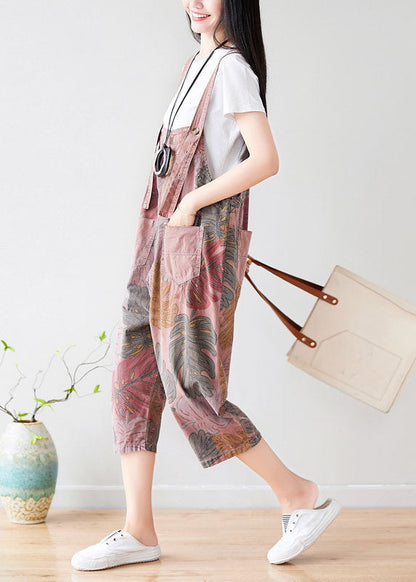 Brick Red Oversized Print Cotton Jumpsuit Spring
