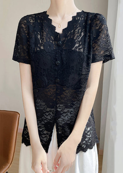 Black Hollow Out Lace Summer Shirt V Neck