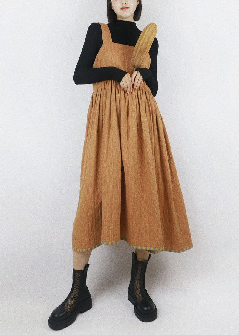 Diy Yellow Plaid Patchwork Wrinkled Wear on Both Sides Cotton Vacation Strap Dresses Summer