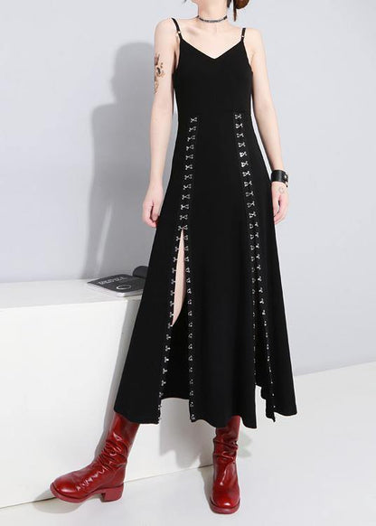 Art Black Summer Side Open Cotton Spaghetti Strap Dress