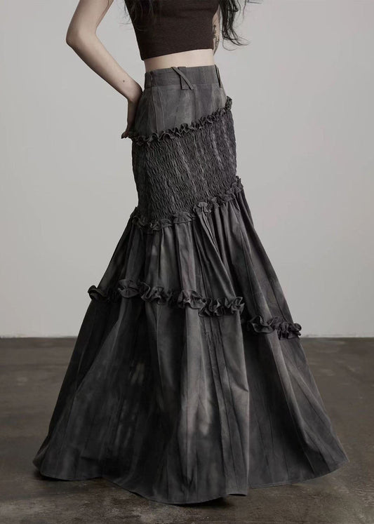 French Grey Ruffled Patchwork Cotton Wraped Skirts Spring