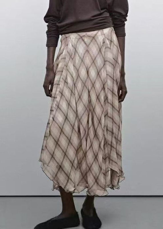 Brown Plaid High Waist Maxi Skirts Fall