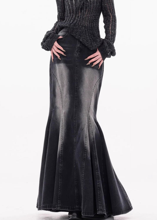 Black Pockets High Waist Denim Maxi Skirts Fall