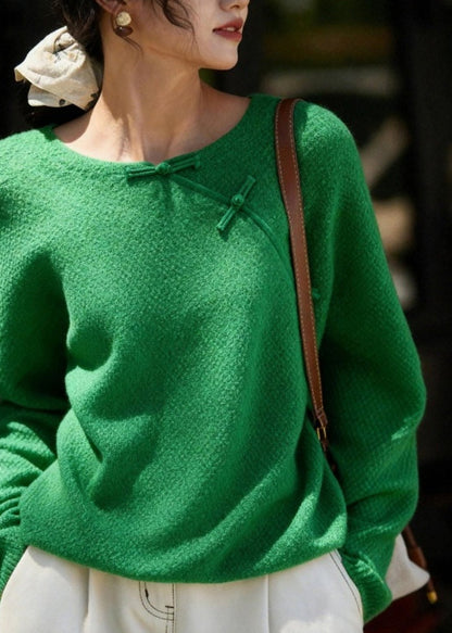 Chinese Style Green O-neck Patchwork Cozy Cotton Knit Sweater Fall