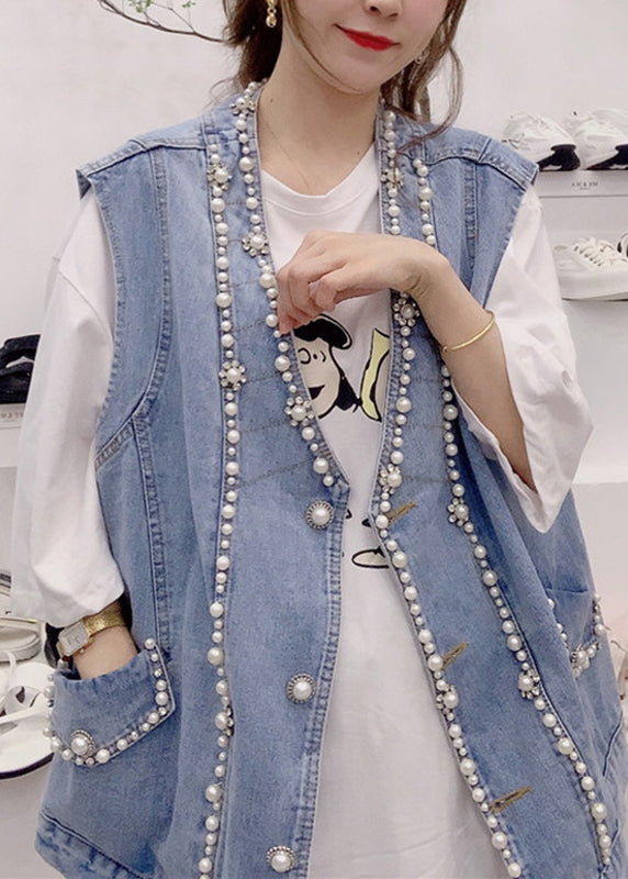 Blue V Neck Patchwork Nail Bead Denim Waistcoat Fall