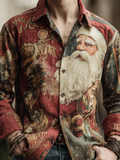 Comstylish Interesting Santa Claus Pattern Printed Men's Retro Cotton And Linen Shirt
