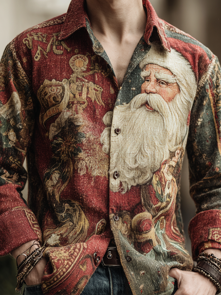 Comstylish Interesting Santa Claus Pattern Printed Men's Retro Cotton And Linen Shirt