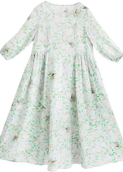 Diy Green Leaves Quilting Dresses O Neck Lantern Sleeve Robes Summer Dresses
