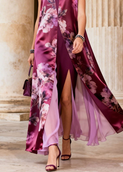 Art Purple V Neck Print False Two Pieces Chiffon Dresses Sleeveless
