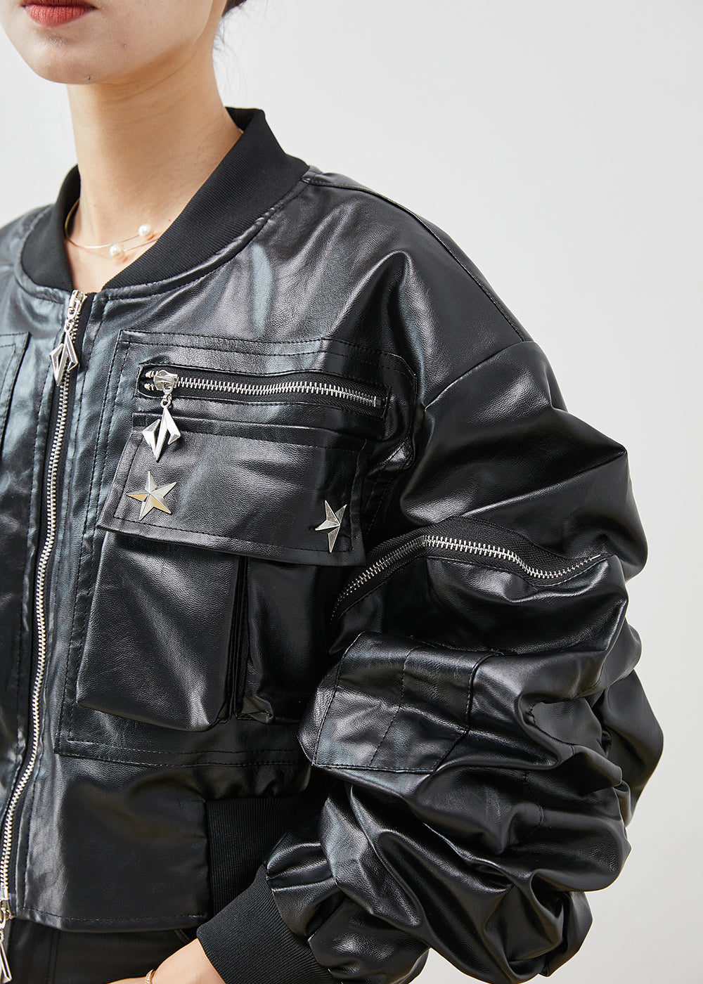 Black Zip Up Rivet Faux Leather Jackets Spring