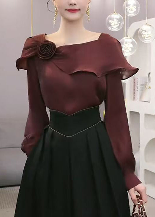 Stylish Wine Red Ruffled Chiffon Blouses Spring