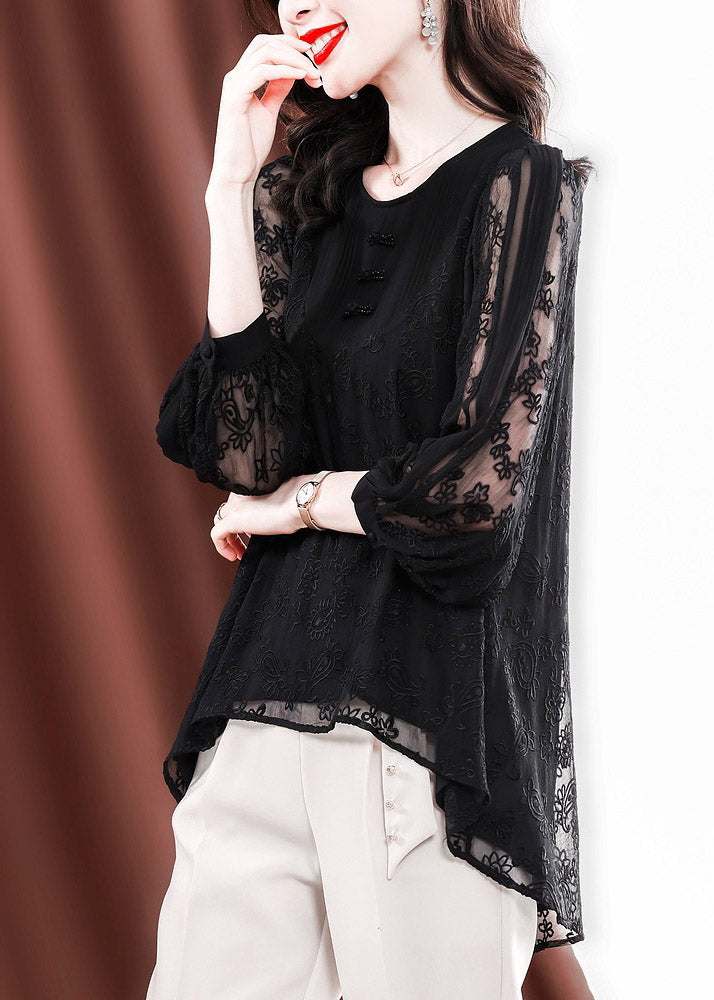 Black O-neck Button Low High Design Tulle Embroideried Silk Tops Long Sleeve