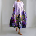 Comstylish Cute Cat In Lavender Field Linen Midi Dress