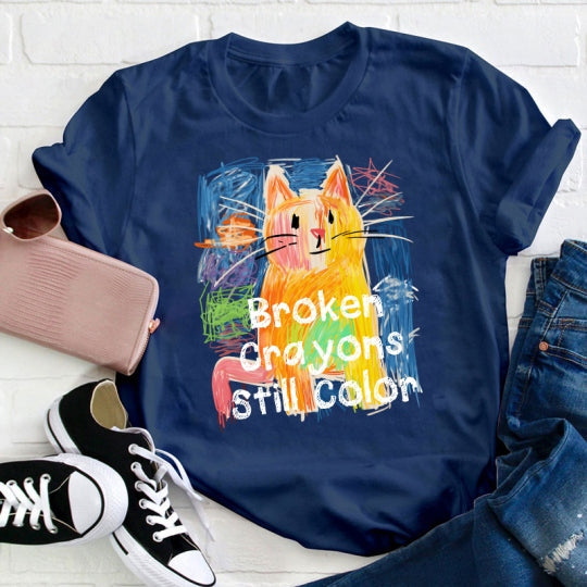Women's Broken Crayons Still Color Cat Teacher T-shirt elevenforest