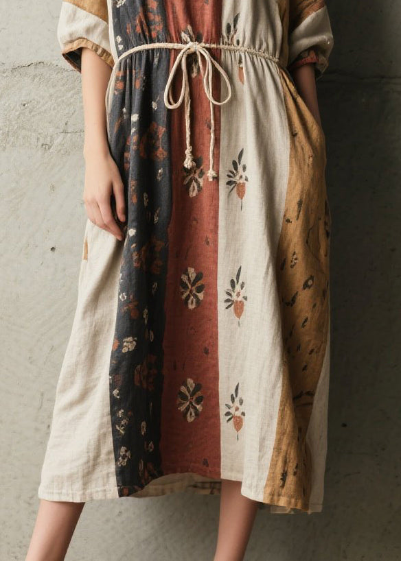 Loose Tie Waist Print Cotton Vacation Dresses Summer