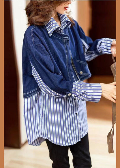 Fine Blue Button Peter Pan Collar Denim Patchwork Striped Shirts Spring