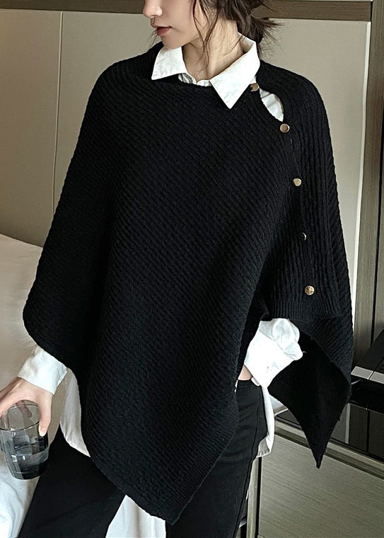 Black Button Hollow Out Knit Cape Coats Spring
