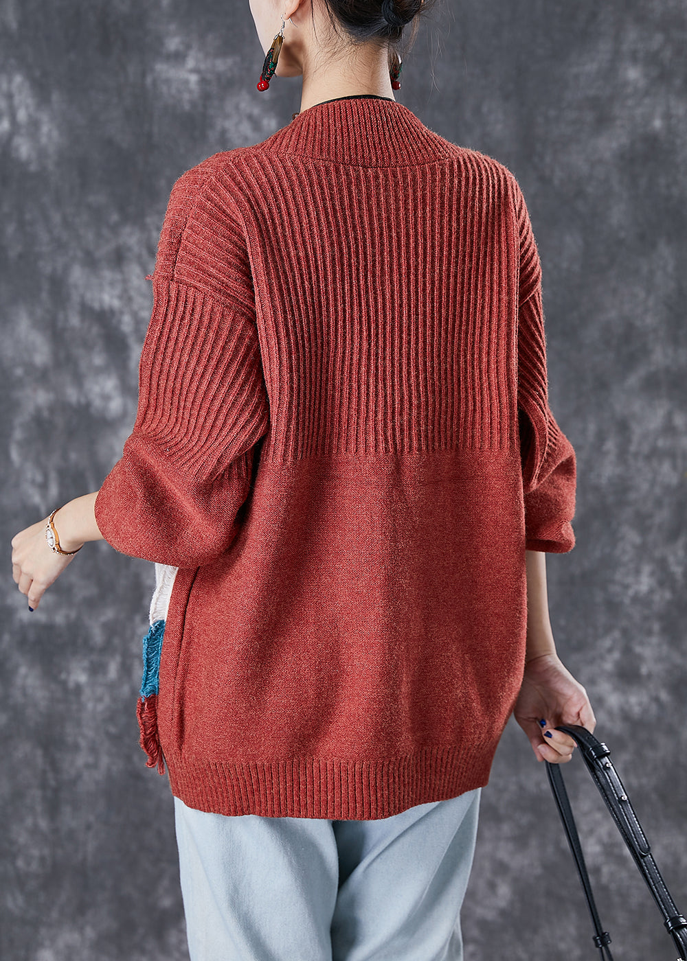 Red Oversized Patchwork Pockets Knit Cardigan Fall