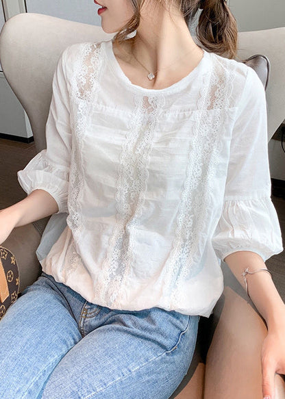 White Hollow Out Patchwork Cotton Shirt Lantern Sleeve