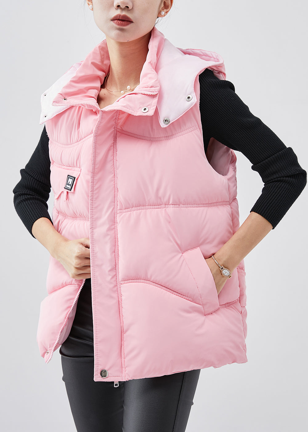 Pink Hooded Warm Fine Cotton Filled Puffers Vests Winter