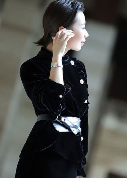 Red Stand Collar Ruffled Button Silk Velour Shirt Top Long Sleeve