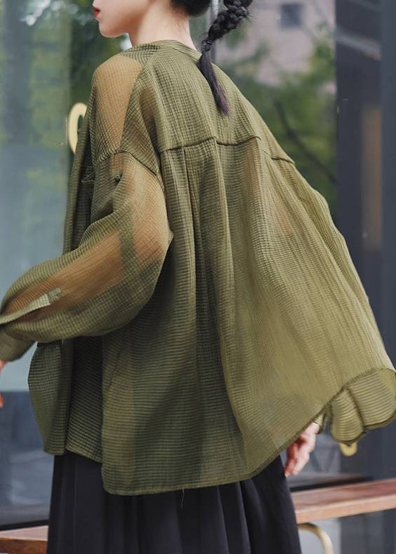 Green Pockets Loose Tulle Coats Mandarin Collar Button Spring