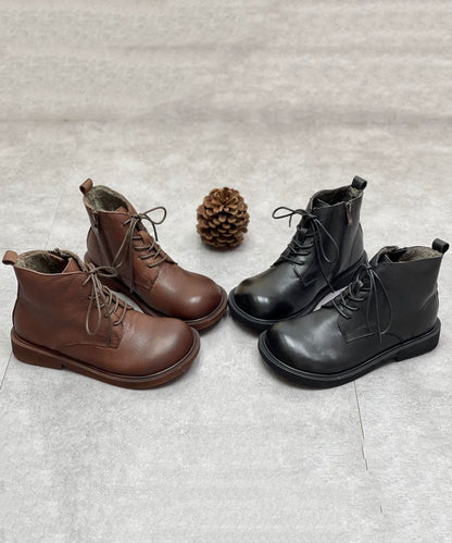 Chocolate Boots Cowhide Leather Warm Fleece Lace Up Boots