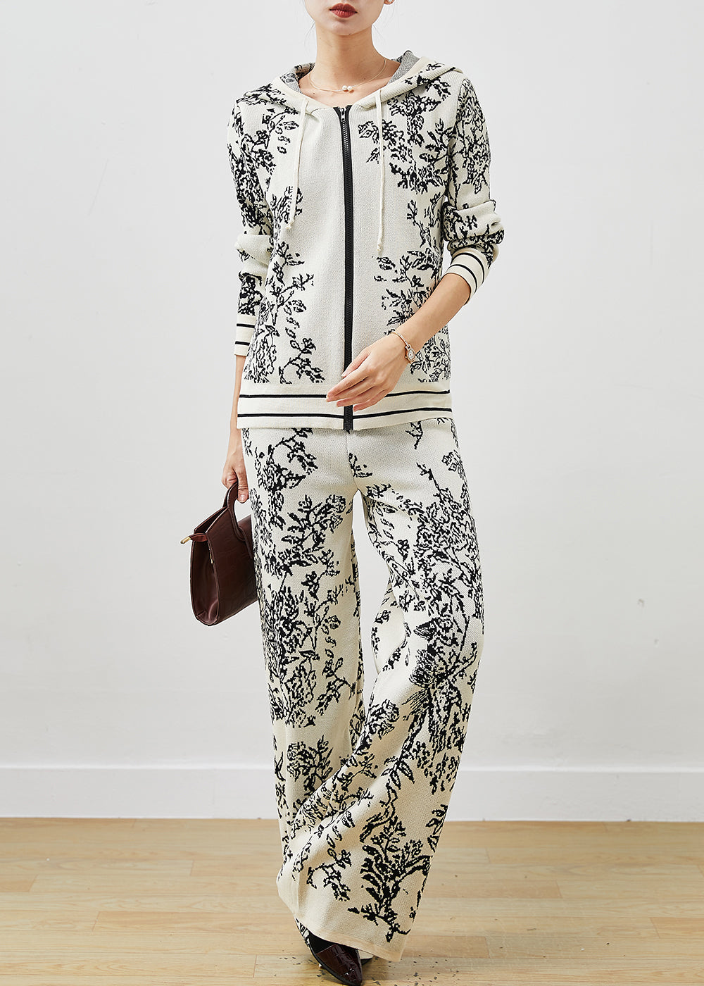 Style White Hooded Print Knit Sets 2 Pieces Spring
