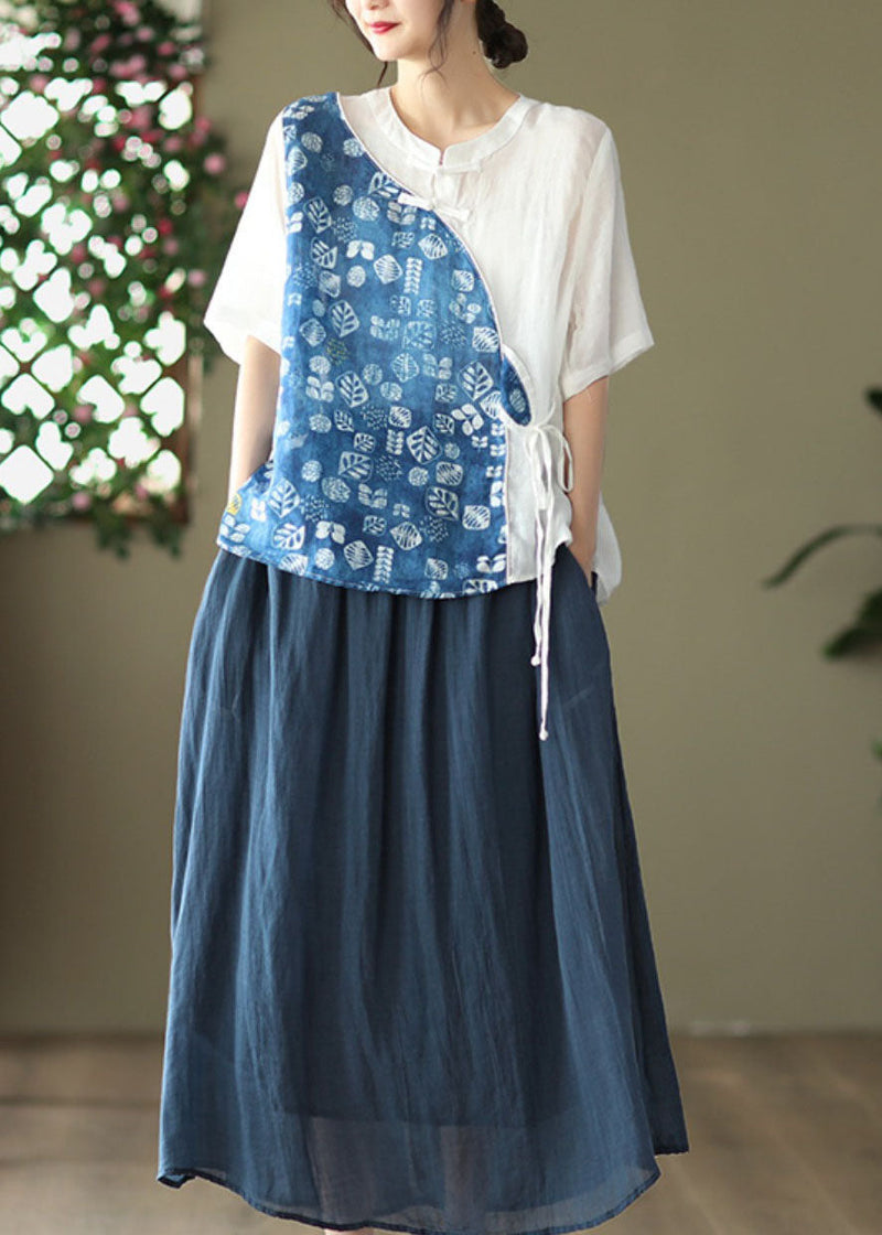 Blue Stand Collar Print Patchwork Linen Shirt Top Summer