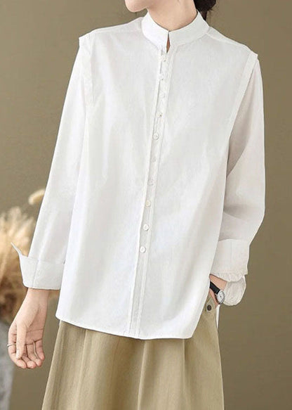 Simple White Stand Collar Button Cotton Shirts Spring