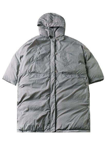 Grey Hooded Pockets Side Open Thick Winter Cotton Coat