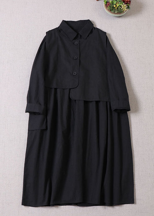 Loose Black Asymmetrical Pockets Cotton Two Pieces Set Dress + Vest Spring