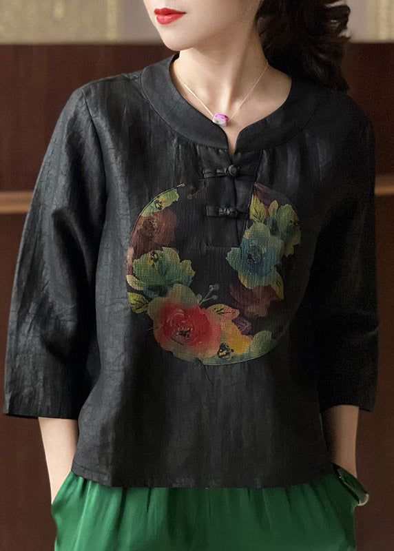 Black O-neck Print Button Silk Top Bracelet Sleeve
