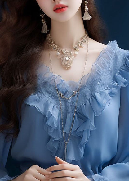 Blue Ruffled Chiffon Tops Long Sleeve