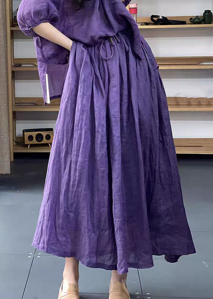 Loose Purple O-neck Tops and Skirts Cotton Two Pieces Set Summer