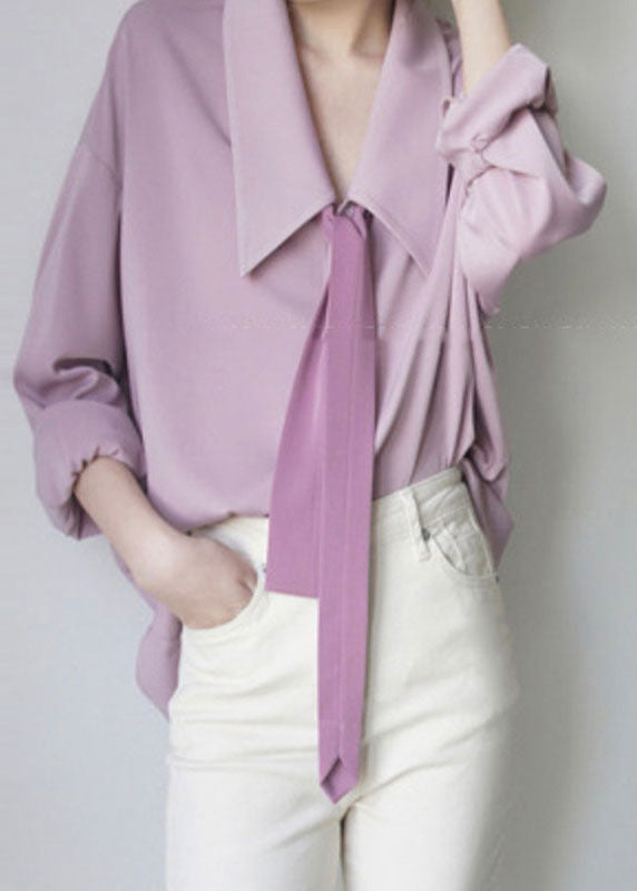 French Pink Bow Chiffon Shirts Long Sleeve