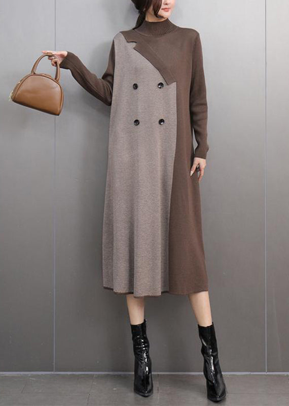 Khaki Turtleneck Patchwork Cotton Knit Sweaters Dress Winter