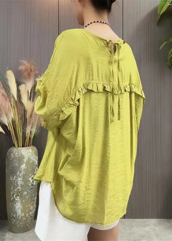 Green Ruffled Lace Up Linen T Shirt Batwing Sleeve