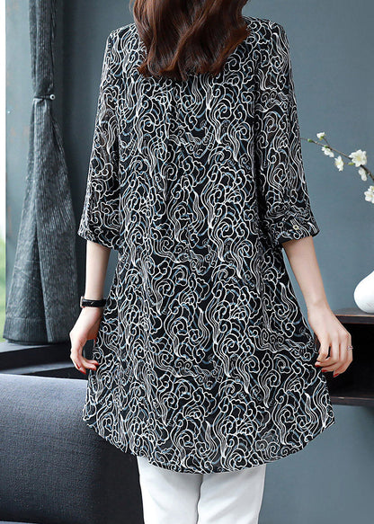 Black Peter Pan Collar Button Print Chiffon Shirt Tops Spring