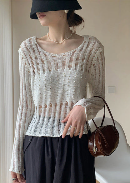 White Hollow Out Nail Bead Knit Sheer Tops Fall