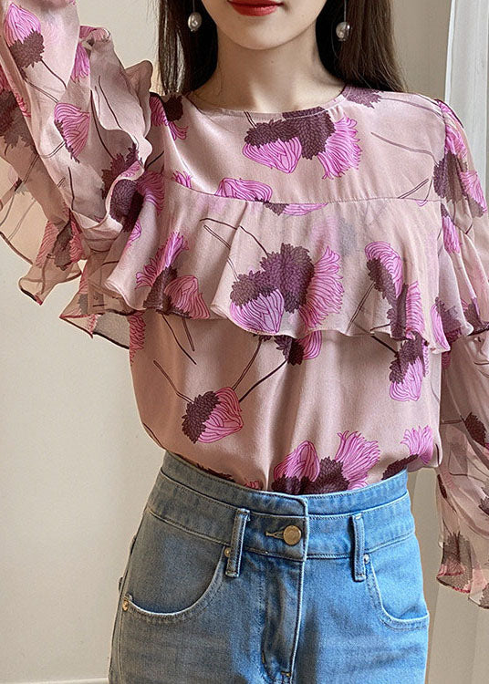Pink Ruffled O-neck Print Patchwork Chiffon Shirt Long Sleeve