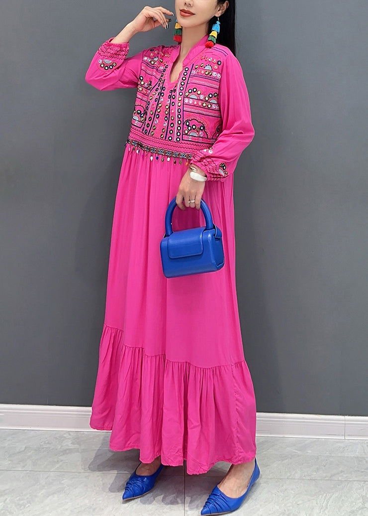 Rose Embroidered Patchwork Cotton Long Dresses Fall