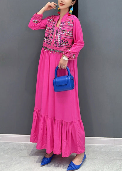 Rose Embroidered Patchwork Cotton Long Dresses Fall