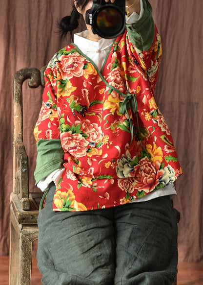 Red V Neck Print Lace Up Patchwork Cotton Coats Fall