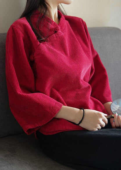 Red Stand Collar Button Corduroy Blouse Top Spring