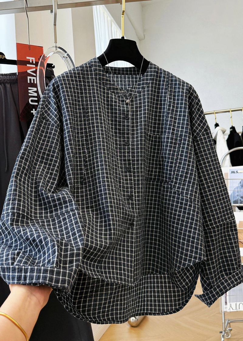 Black Plaid Stand Collar Pockets Cotton Shirt Top Fall