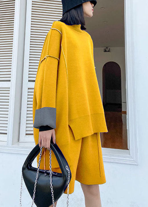 Yellow Turtleneck Knit Fall Two Piece Set